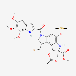 molecular formula C34H44BrN3O9Si B12758787 methyl 1-acetyloxy-8-(bromomethyl)-4-[tert-butyl(dimethyl)silyl]oxy-2-methyl-6-(5,6,7-trimethoxy-1H-indole-2-carbonyl)-1,3,7,8-tetrahydropyrrolo[3,2-e]indole-2-carboxylate CAS No. 129982-35-0