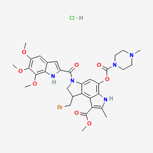 molecular formula C32H37BrClN5O8 B12758943 methyl 8-(bromomethyl)-2-methyl-4-(4-methylpiperazine-1-carbonyl)oxy-6-(5,6,7-trimethoxy-1H-indole-2-carbonyl)-7,8-dihydro-3H-pyrrolo[3,2-e]indole-1-carboxylate;hydrochloride CAS No. 134106-80-2