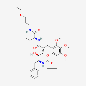 molecular formula C37H57N3O9 B12759493 15-Oxa-2,8,11-triazaheptadecanoic acid, 4-hydroxy-9-(1-methylethyl)-7,10-dioxo-3-(phenylmethyl)-6-((2,3,4-trimethoxyphenyl)methyl)-, 1,1-dimethylethyl ester, (3S-(3R*,4R*,6S*,9R*))- CAS No. 178047-87-5