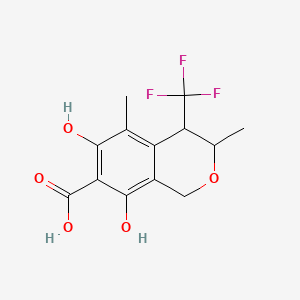 molecular formula C13H13F3O5 B12759533 3,4-Dihydro-6,8-dihydroxy-3,5-dimethyl-4-(trifluoromethyl)-1H-2-benzopyran-7-carboxylic acid CAS No. 142689-12-1