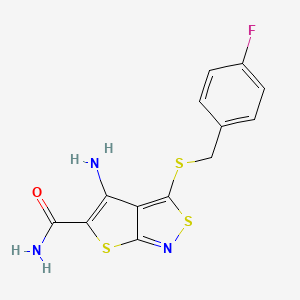 molecular formula C13H10FN3OS3 B12759783 Thieno(2,3-c)isothiazole-5-carboxamide, 4-amino-3-(((4-fluorophenyl)methyl)thio)- CAS No. 135518-33-1