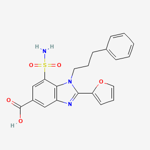 molecular formula C21H19N3O5S B12759885 1H-Benzimidazole-5-carboxylic acid, 7-(aminosulfonyl)-2-(2-furanyl)-1-(3-phenylpropyl)- CAS No. 72020-36-1