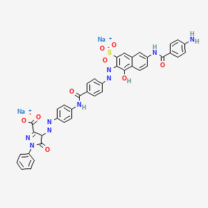 molecular formula C40H27N9Na2O9S B12759922 Disodium 4-((4-((4-((6-((4-aminobenzoyl)amino)-1-hydroxy-3-sulphonato-2-naphthyl)azo)benzoyl)amino)phenyl)azo)-4,5-dihydro-5-oxo-1-phenyl-1H-pyrazole-3-carboxylate CAS No. 6391-23-7