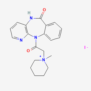 molecular formula C20H23IN4O2 B12759926 Piperidinium, 1-(2-(5,6-dihydro-6-oxo-11H-pyrido(2,3-b)(1,4)benzodiazepin-11-yl)-2-oxoethyl)-1-methyl-, iodide CAS No. 96437-73-9