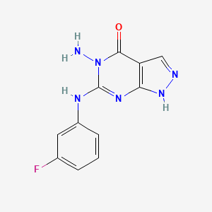 molecular formula C11H9FN6O B12760175 4H-Pyrazolo(3,4-d)pyrimidin-4-one, 1,5-dihydro-5-amino-6-((3-fluorophenyl)amino)- CAS No. 141300-24-5
