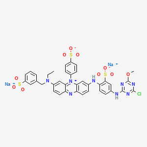 molecular formula C37H29ClN8Na2O10S3 B12760451 Dihydrogen 3-((4-((4-chloro-6-methoxy-1,3,5-triazin-2-yl)amino)-2-sulphonatophenyl)amino)-7-(ethyl((3-sulphonatophenyl)methyl)amino)-5-(4-sulphonatophenyl)phenazinium, disodium salt CAS No. 83929-56-0