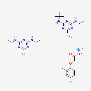 molecular formula C26H39Cl2N10NaO3S B12760475 Acetic acid, (4-chloro-2-methylphenoxy)-, sodium salt, mixt. with 6-chloro-N,N'-diethyl-1,3,5-triazine-2,4-diamine and N-(1,1-dimethylethyl)-N'-ethyl-6-(methylthio)-1,3,5-triazine-2,4-diamine CAS No. 63821-86-3