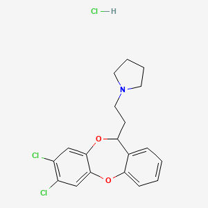 molecular formula C19H20Cl3NO2 B12760640 Pyrrolidine, 1-(2-(7,8-dichloro-11H-dibenzo(b,e)(1,4)dioxepin-11-yl)ethyl)-, hydrochloride, (+-)- CAS No. 81320-49-2