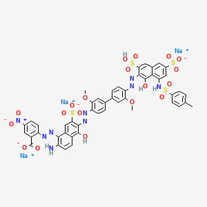 molecular formula C48H34N9Na3O19S4 B12760672 Benzoic acid, 2-((2-amino-5-hydroxy-6-((4'-((1-hydroxy-8-(((4-methylphenyl)sulfonyl)amino)-3,6-disulfo-2-naphthalenyl)azo)-3,3'-dimethoxy(1,1'-biphenyl)-4-yl)azo)-7-sulfo-1-naphthalenyl)azo)-5-nitro-, trisodium salt CAS No. 75522-94-0