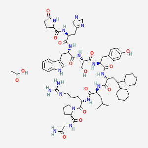 molecular formula C71H103N17O15 B12760877 acetic acid;(2S)-N-[(2S)-1-[[(2S)-1-[[(2S)-1-[[(2S)-1-[[(2R)-1-[[(2S)-1-[[(2S)-1-[(2S)-2-[(2-amino-2-oxoethyl)carbamoyl]pyrrolidin-1-yl]-5-(diaminomethylideneamino)-1-oxopentan-2-yl]amino]-4-methyl-1-oxopentan-2-yl]amino]-4,4-dicyclohexyl-1-oxobutan-2-yl]amino]-3-(4-hydroxyphenyl)-1-oxopropan-2-yl]amino]-3-hydroxy-1-oxopropan-2-yl]amino]-3-(1H-indol-3-yl)-1-oxopropan-2-yl]amino]-3-(4H-imidazol-5-yl)-1-oxopropan-2-yl]-5-oxopyrrolidine-2-carboxamide CAS No. 82318-05-6