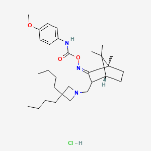 molecular formula C30H48ClN3O3 B12761022 d-3-((3,3-Dibutyl-1-azetidinyl)methyl)camphor O-(p-methoxycarbaniloyl)oxime hydrochloride CAS No. 97670-17-2