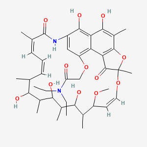 molecular formula C41H56N2O12 B12761142 N,N-diethyl-2-((5,6,17,19,21-pentahydroxy-23-methoxy-2,4,12,16,18,20,22-heptamethyl-1,11-dioxo-1,2-dihydro-2,7-(epoxypentadeca(1,11,13)trienoimino)naphtho(2,1-b)furan-9-yl)oxy)acetamide CAS No. 20501-32-0