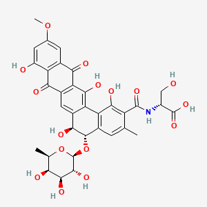 molecular formula C34H33NO16 B12761336 D-Serine, N-((5-((6-deoxy-beta-D-galactopyranosyl)oxy)-5,6,8,13-tetrahydro-1,6,9,14-tetrahydroxy-11-methoxy-3-methyl-8,13-dioxobenzo(a)naphthacen-2-yl)carbonyl)-, (5S-trans)- CAS No. 146877-08-9