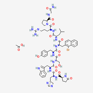 molecular formula C68H86BrN17O15 B12761361 acetic acid;(2S)-N-[(2S)-1-[[(2S)-1-[[(2S)-1-[[(2S)-1-[[(2R)-1-[[(2S)-1-[[(2S)-1-[(2S)-2-[(2-amino-2-oxoethyl)carbamoyl]pyrrolidin-1-yl]-5-(diaminomethylideneamino)-1-oxopentan-2-yl]amino]-4-methyl-1-oxopentan-2-yl]amino]-3-(1-bromonaphthalen-2-yl)-1-oxopropan-2-yl]amino]-3-(4-hydroxyphenyl)-1-oxopropan-2-yl]amino]-3-hydroxy-1-oxopropan-2-yl]amino]-3-(1H-indol-3-yl)-1-oxopropan-2-yl]amino]-3-(4H-imidazol-5-yl)-1-oxopropan-2-yl]-5-oxopyrrolidine-2-carboxamide CAS No. 82318-00-1