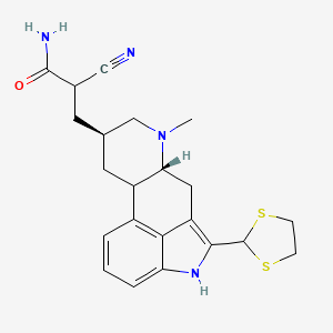 molecular formula C22H26N4OS2 B12761403 Ergoline-8-propionamide, alpha-cyano-2-(1,3-dithiolan-2-yl)-6-methyl-, (8-beta)- CAS No. 88133-21-5
