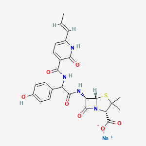 molecular formula C25H25N4NaO7S B12761423 4-Thia-1-azabicyclo(3.2.0)heptane-2-carboxylic acid, 6-(((((1,2-dihydro-2-oxo-6-(1-propenyl)-3-pyridinyl)carbonyl)amino)(4-hydroxyphenyl)acetyl)amino)-3,3-dimethyl-7-oxo-, monosodium salt, (2S-(2-alpha,5-alpha,6-beta(S*)))- CAS No. 96593-30-5