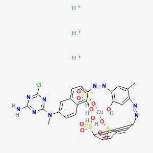 molecular formula C27H25ClCuN9O11S3+3 B12761489 Trihydrogen (2-((4-((6-((4-amino-6-chloro-1,3,5-triazin-2-yl)methylamino)-1-hydroxy-3-sulpho-2-naphthyl)azo)-5-hydroxy-o-tolyl)azo)benzene-1,4-disulphonato(5-))cuprate(3-) CAS No. 35718-34-4