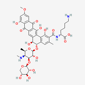 molecular formula C43H51N3O18 B12761573 D-Lysine, N2-((5-((4,6-dideoxy-4-(methylamino)-3-O-beta-D-xylopyranosyl-beta-D-galactopyranosyl)oxy)-5,6,8,13-tetrahydro-1,6,9,14-tetrahydroxy-11-methoxy-3-methyl-8,13-dioxobenzo(a)naphthacen-2-yl)carbonyl)-, (5S-trans)- CAS No. 148677-03-6