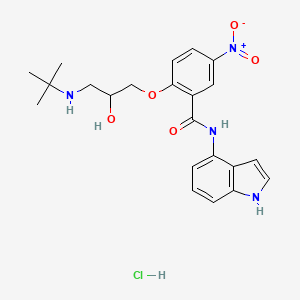 molecular formula C22H27ClN4O5 B12761620 Benzamide, 2-(3-((1,1-dimethylethyl)amino)-2-hydroxypropoxy)-N-1H-indol-4-yl-5-nitro-, hydrochloride CAS No. 129323-37-1