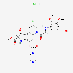 molecular formula C32H37Cl2N5O9 B12761648 1H-Pyrrolo(3,2-f)quinoline-2-carboxylic acid, 2,3,6,7,8,9-hexahydro-8-chloro-2-methyl-4-(((4-methyl-1-piperazinyl)carbonyl)oxy)-1-oxo-6-((5,6,7-trimethoxy-1H-indol-2-yl)carbonyl)-, methyl ester, monohydrochloride CAS No. 140447-71-8