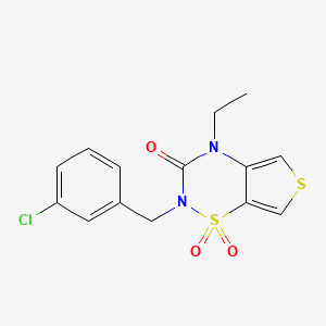 molecular formula C14H13ClN2O3S2 B12761658 2H-Thieno(3,4-e)-1,2,4-thiadiazin-3(4H)-one, 2-((3-chlorophenyl)methyl)-4-ethyl-, 1,1-dioxide CAS No. 206662-14-8