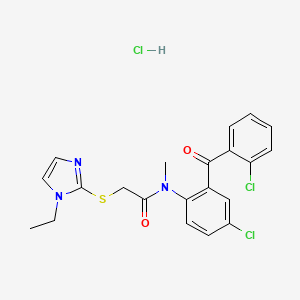 molecular formula C21H20Cl3N3O2S B12761695 Acetamide, N-(4-chloro-2-(2-chlorobenzoyl)phenyl)-2-((1-ethyl-1H-imidazol-2-yl)thio)-N-methyl-, monohydrochloride CAS No. 128433-38-5