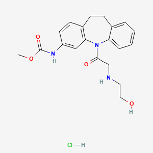 molecular formula C20H24ClN3O4 B12761967 Carbamic acid, (10,11-dihydro-5-(((2-hydroxyethyl)amino)acetyl)-5H-dibenz(b,f)azepin-3-yl)-, methyl ester, monohydrochloride CAS No. 134068-44-3