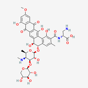 molecular formula C40H45N3O18 B12762064 D-Alanine, 3-amino-N-((5-((4,6-dideoxy-4-(methylamino)-3-O-beta-D-xylopyranosyl-beta-D-galactopyranosyl)oxy)-5,6,8,13-tetrahydro-1,6,9,14-tetrahydroxy-11-methoxy-3-methyl-8,13-dioxobenzo(a)naphthacen-2-yl)carbonyl)-, (5S-trans)- CAS No. 148677-02-5