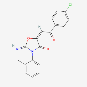 molecular formula C18H13ClN2O3 B12762146 5-(2-(4-Chlorophenyl)-2-oxoethylidene)-2-imino-3-(2-methylphenyl)-4-oxazolidinone CAS No. 122975-87-5