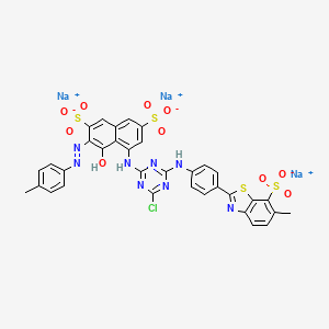 molecular formula C34H22ClN8Na3O10S4 B12762184 Trisodium 5-((4-chloro-6-((4-(6-methyl-7-sulphonatobenzothiazol-2-yl)phenyl)amino)-1,3,5-triazin-2-yl)amino)-4-hydroxy-3-((p-tolyl)azo)naphthalene-2,7-disulphonate CAS No. 85650-61-9