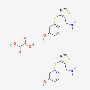 molecular formula C28H32N2O6S4 B12762227 N,N-Dimethyl-3-(3-hydroxyphenylthio)-2-thienylamine hemioxalate CAS No. 134478-66-3
