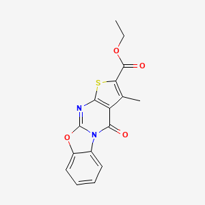 molecular formula C16H12N2O4S B12762579 ethyl 14-methyl-16-oxo-8-oxa-12-thia-1,10-diazatetracyclo[7.7.0.02,7.011,15]hexadeca-2,4,6,9,11(15),13-hexaene-13-carboxylate CAS No. 159852-70-7
