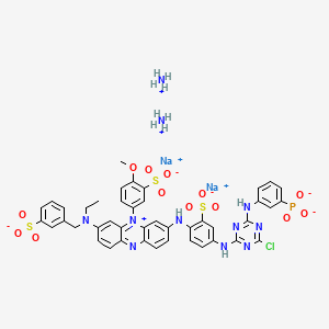 molecular formula C43H41ClN11Na2O13PS3 B12762729 Phenazinium, 3-((4-((4-chloro-6-((3-phosphonophenyl)amino)-1,3,5-triazin-2-yl)amino)-2-sulfophenyl)amino)-7-(ethyl((3-sulfophenyl)methyl)amino)-5-(4-methoxy-3-sulfophenyl)-, hydroxide, inner salt, ammonium sodium salt CAS No. 97403-99-1