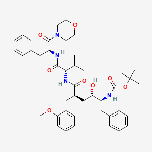 molecular formula C43H58N4O8 B12764213 Carbamic acid, (2-hydroxy-4-((2-methoxyphenyl)methyl)-5-((2-methyl-1-(((2-(4-morpholinyl)-2-oxo-1-(phenylmethyl)ethyl)amino)carbonyl)propyl)amino)-5-oxo-1-(phenylmethyl)pentyl)-, 1,1-dimethylethyl ester, (1S-(1R*,2R*,4S*,5(R*(R*))))- CAS No. 165453-38-3