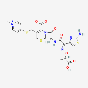 molecular formula C22H22N6O7S3 B12764306 Pyridinium, 4-(((7-(((2-amino-4-thiazolyl)((1-carboxyethoxy)imino)acetyl)amino)-2-carboxy-8-oxo-5-thia-1-azabicyclo(4.2.0)oct-2-en-3-yl)methyl)thio)-1-methyl-, hydroxide, inner salt, (6R-(6-alpha,7-beta(Z(R*))))- CAS No. 128658-09-3
