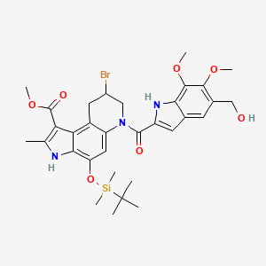 molecular formula C32H40BrN3O7Si B12764537 3H-Pyrrolo(3,2-f)quinoline-1-carboxylic acid, 6,7,8,9-tetrahydro-8-bromo-4-(((1,1-dimethylethyl)dimethylsilyl)oxy)-2-methyl-6-((5,6,7-trimethoxy-1H-indol-2-yl)carbonyl)-, methyl ester CAS No. 140447-65-0