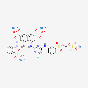 molecular formula C27H18ClN7Na4O16S5 B12764719 Tetrasodium 5-((4-chloro-6-((3-((2-(sulphonatooxy)ethyl)sulphonyl)phenyl)amino)-1,3,5-triazin-2-yl)amino)-4-hydroxy-3-((2-sulphonatophenyl)azo)naphthalene-2,7-disulphonate CAS No. 93051-42-4
