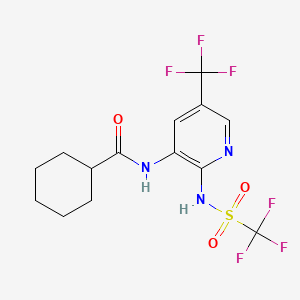 molecular formula C14H15F6N3O3S B12764958 Cyclohexanecarboxamide, N-(5-(trifluoromethyl)-2-(((trifluoromethyl)sulfonyl)amino)-3-pyridinyl)- CAS No. 141284-31-3
