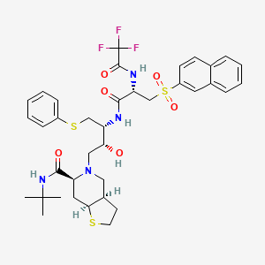 molecular formula C37H45F3N4O6S3 B12765048 Thieno(3,2-c)pyridine-6-carboxamide, N-(1,1-dimethylethyl)octahydro-5-(2-hydroxy-3-((3-(2-naphthalenylsulfonyl)-1-oxo-2-((trifluoroacetyl)amino)propyl)amino)-4-(phenylthio)butyl)-, (3aR-(3aalpha,5(2R*,3R*(S*)),6beta,7aalpha))- CAS No. 169168-52-9