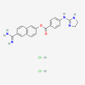 molecular formula C21H21Cl2N5O2 B12765134 Benzoic acid, 4-((4,5-dihydro-1H-imidazol-2-yl)amino)-, 6-(aminoiminomethyl)-2-naphthalenylester, dihydrochloride CAS No. 103926-81-4