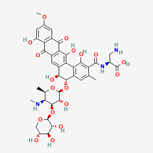 molecular formula C40H45N3O18 B12765234 L-Alanine, 3-amino-N-((5-((4,6-dideoxy-4-(methylamino)-3-O-beta-D-xylopyranosyl-beta-D-galactopyranosyl)oxy)-5,6,8,13-tetrahydro-1,6,9,14-tetrahydroxy-11-methoxy-3-methyl-8,13-dioxobenzo(a)naphthacen-2-yl)carbonyl)-, (5S-trans)- CAS No. 148763-63-7
