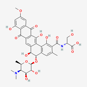 molecular formula C36H38N2O15 B12765272 D-Serine, N-((5-((4,6-dideoxy-4-(dimethylamino)-beta-D-galactopyranosyl)oxy)-5,6,8,13-tetrahydro-1,6,9,14-tetrahydroxy-11-methoxy-3-methyl-8,13-dioxobenzo(a)naphthacen-2-yl)carbonyl)-, (5S-trans)- CAS No. 131426-62-5