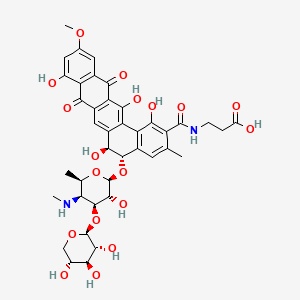 molecular formula C40H44N2O18 B12765286 beta-Alanine, N-((5-((4,6-dideoxy-4-(methylamino)-3-O-beta-D-xylopyranosyl-beta-D-galactopyranosyl)oxy)-5,6,8,13-tetrahydro-1,6,9,14-tetrahydroxy-11-methoxy-3-methyl-8,13-dioxobenzo(a)naphthacen-2-yl)carbonyl)-, (5S-trans)- CAS No. 148677-09-2