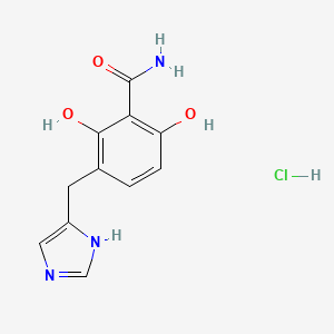 molecular formula C11H12ClN3O3 B12765376 Benzamide, 2,6-dihydroxy-3-(1H-imidazol-4-ylmethyl)-, monohydrochloride CAS No. 127170-82-5