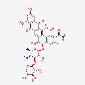 molecular formula C37H40N2O16 B12765416 Benzo(a)naphthacene-2-carboxamide, 5-((4,6-dideoxy-4-(methylamino)-3-O-beta-D-xylopyranosyl-beta-D-galactopyranosyl)oxy)-5,6,8,13-tetrahydro-1,6,9,14-tetrahydroxy-11-methoxy-3-methyl-8,13-dioxo-, (5S-trans)- CAS No. 148677-12-7