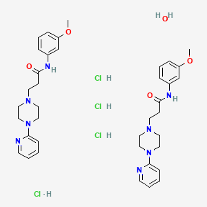 molecular formula C38H54Cl4N8O5 B12765927 N-(3-methoxyphenyl)-3-(4-pyridin-2-ylpiperazin-1-yl)propanamide;hydrate;tetrahydrochloride CAS No. 104373-74-2