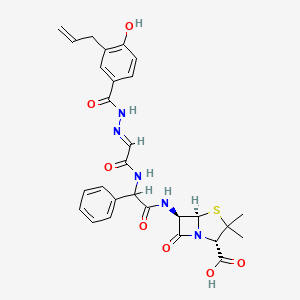 molecular formula C28H29N5O7S B12766022 4-Thia-1-azabicyclo(3.2.0)heptane-2-carboxylic acid, 3,3-dimethyl-6-((((((4-hydroxy-3-(2-propenyl)benzoyl)hydrazono)acetyl)amino)phenylacetyl)amino)-7-oxo-, (2S-(2-alpha,5-alpha,6-beta(S*)))- CAS No. 143667-51-0