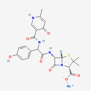 molecular formula C23H23N4NaO7S B12766064 4-Thia-1-azabicyclo(3.2.0)heptane-2-carboxylic acid, 6-(((((1,4-dihydro-6-methyl-4-oxo-3-pyridinyl)carbonyl)amino)(4-hydroxyphenyl)acetyl)amino)-3,3-dimethyl-7-oxo-, monosodium salt,(2S-(2-alpha,5-alpha,6-beta(S*)))- CAS No. 96593-45-2