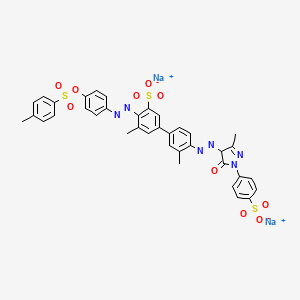 molecular formula C37H30N6Na2O10S3 B12766115 Disodium 4'-((4,5-dihydro-3-methyl-5-oxo-1-(4-sulphonatophenyl)-1H-pyrazol-4-yl)azo)-3',5-dimethyl-4-((4-(((4-methylphenyl)sulphonyl)oxy)phenyl)azo)(1,1'-biphenyl)-3-sulphonate CAS No. 55698-27-6