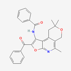 molecular formula C27H24N2O4 B12766272 Benzamide, N-(2-benzoyl-8,9-dihydro-5,8,8-trimethyl-6H-furo(2,3-b)pyrano(4,3-d)pyridin-1-yl)- CAS No. 172985-37-4